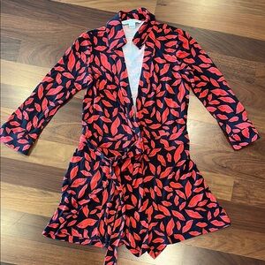 Diane von Furstenberg Red and Black Lip Print romper long sleeve (100% silk)